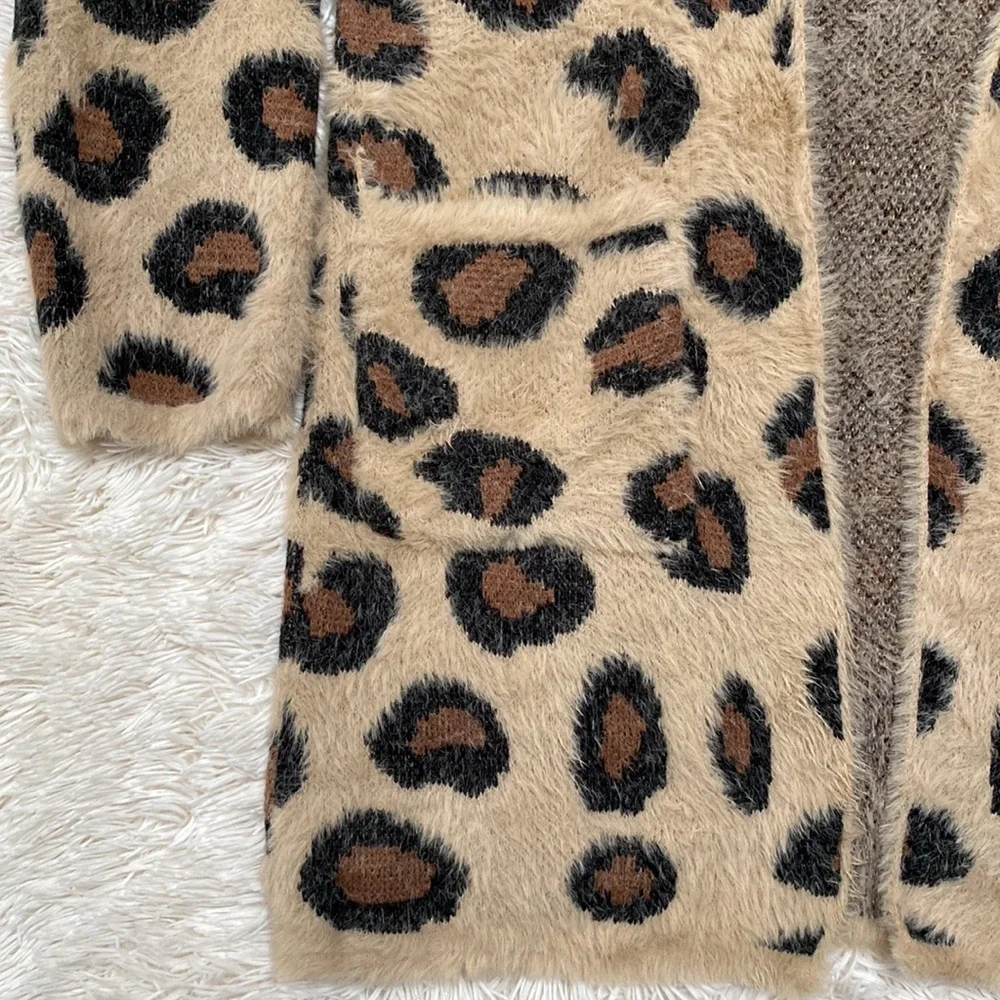 Wanna B Leopard Eyelash Open Cardigan 💗 Tan Brown & Black - Picture 8 of 13